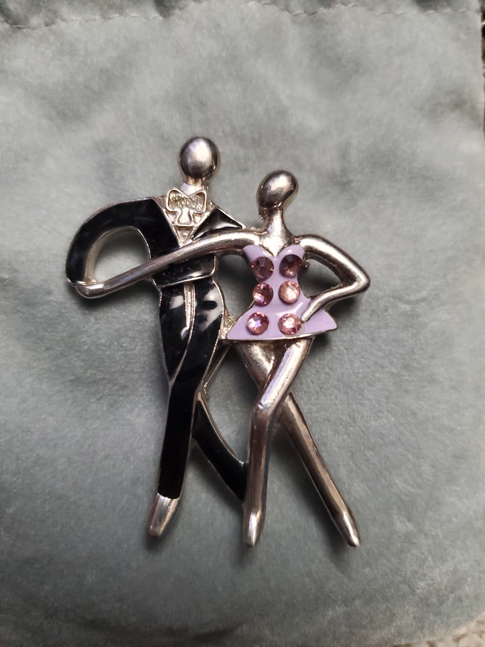 Silver-tone Dance Couple Brooch with Pink Accents